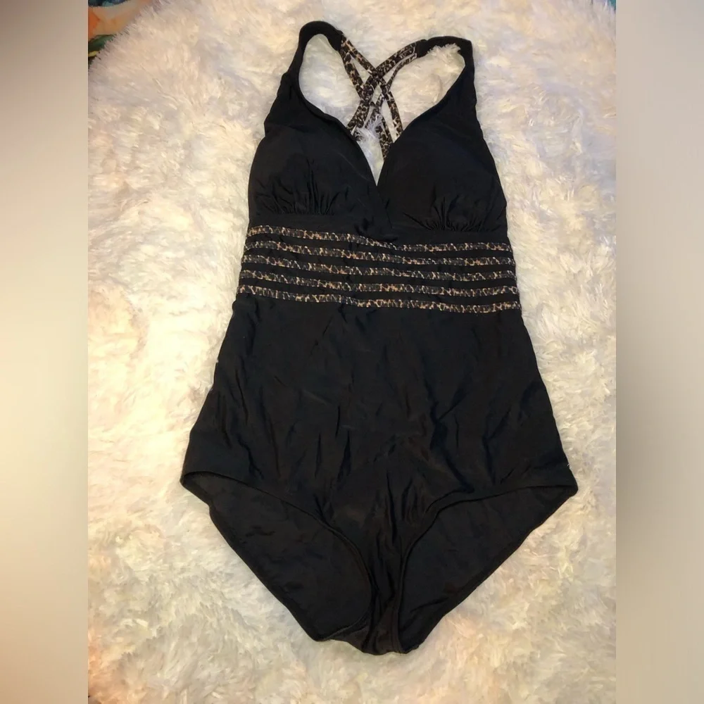Black One-Piece Swimsuit with Patterned Straps